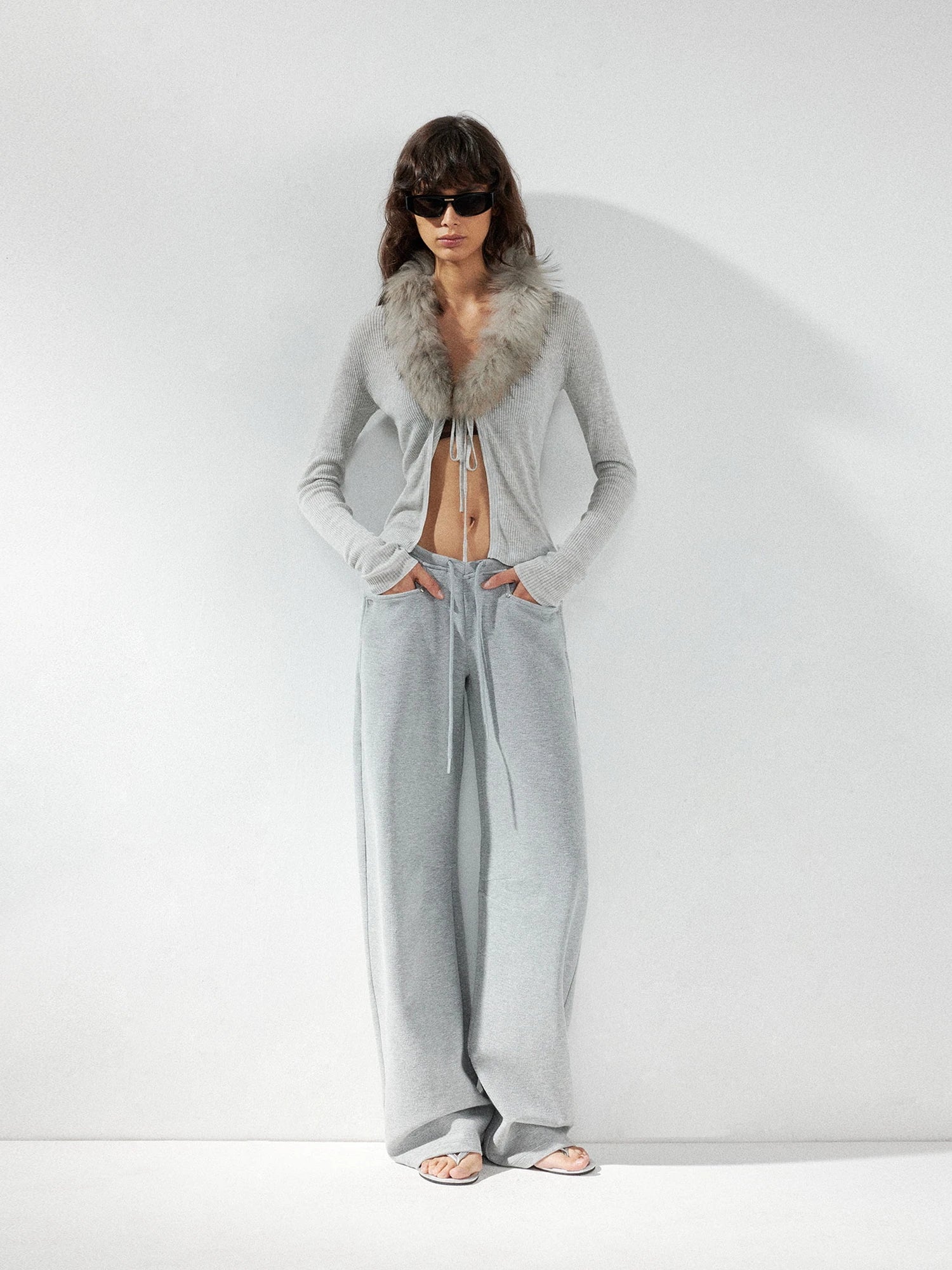 kvkv Detachable Fox Fur Collar Belted Knit Cardigan
