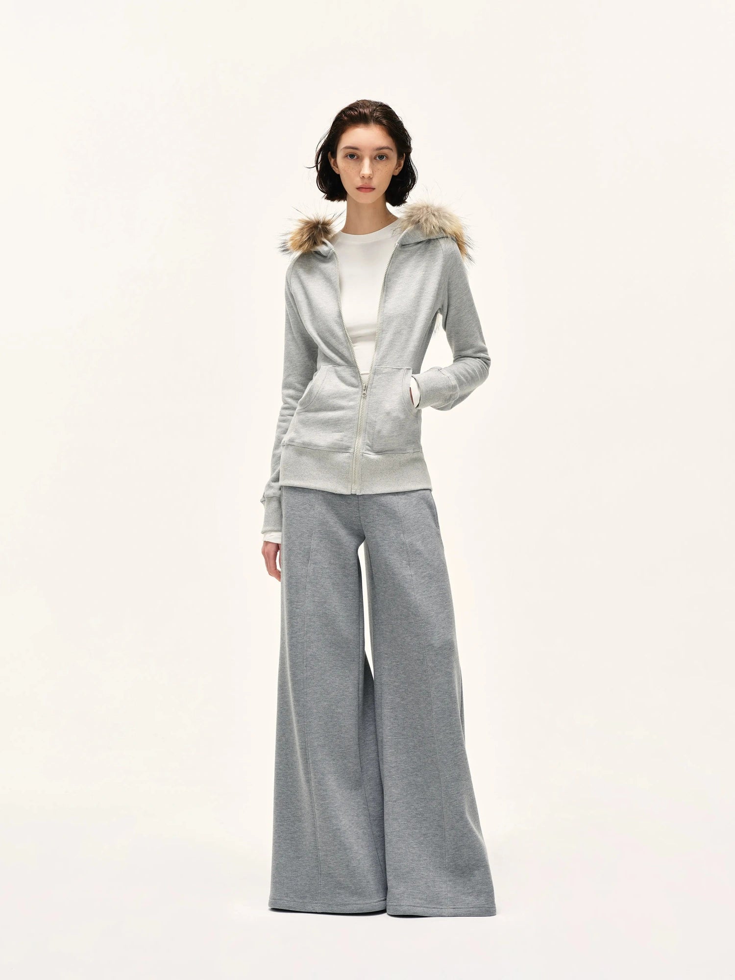 kvkv Detachable Fur Hooded Zip Up Sweatshirt