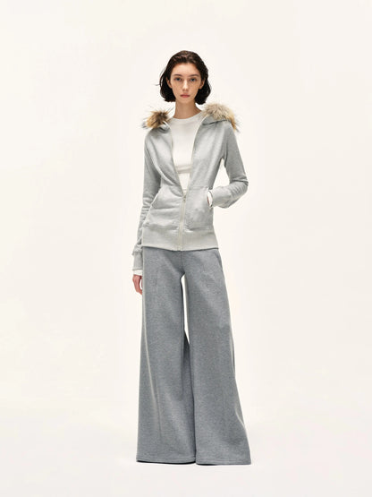 kvkv Detachable Fur Hooded Zip Up Sweatshirt