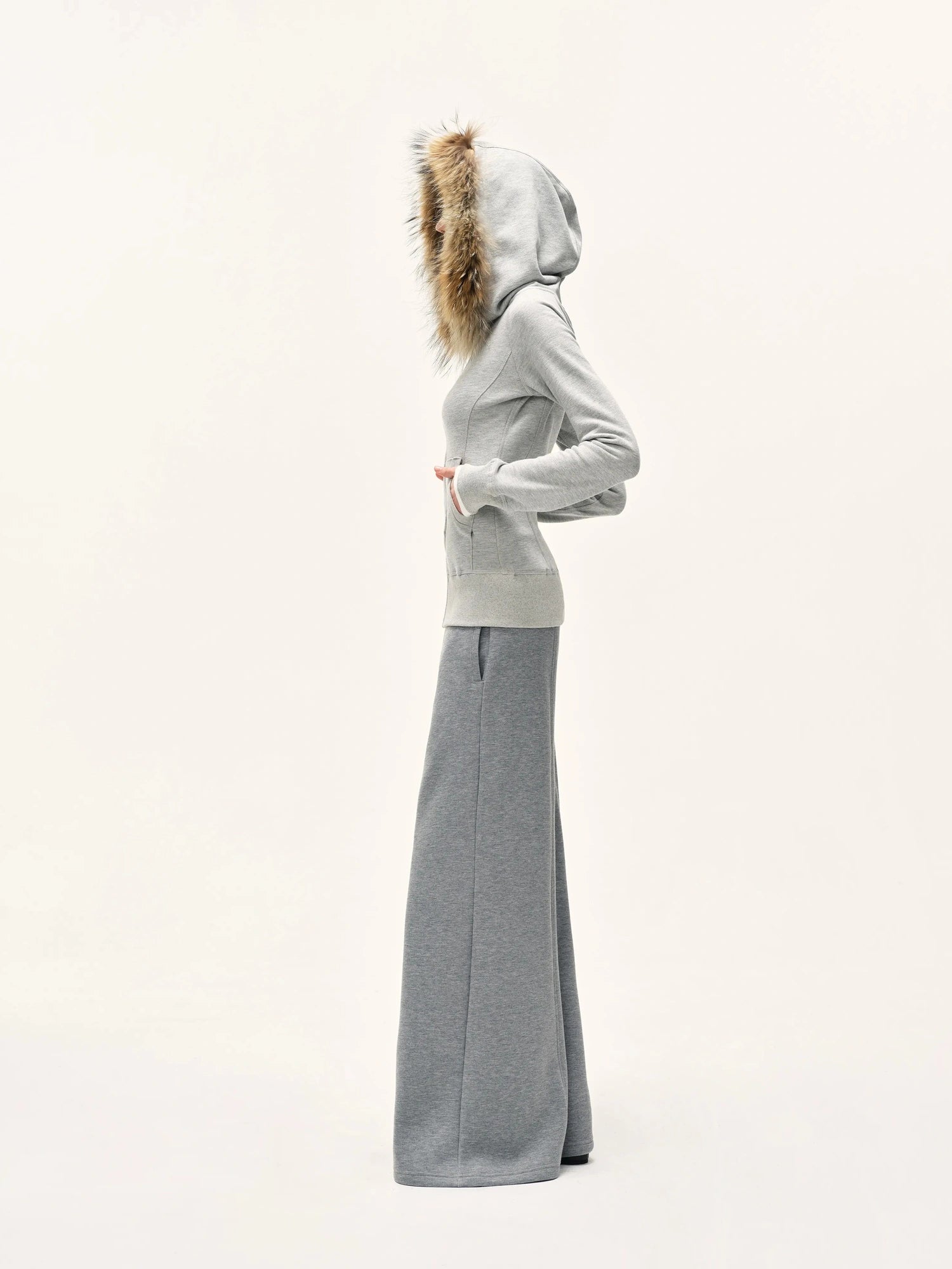 kvkv Detachable Fur Hooded Zip Up Sweatshirt