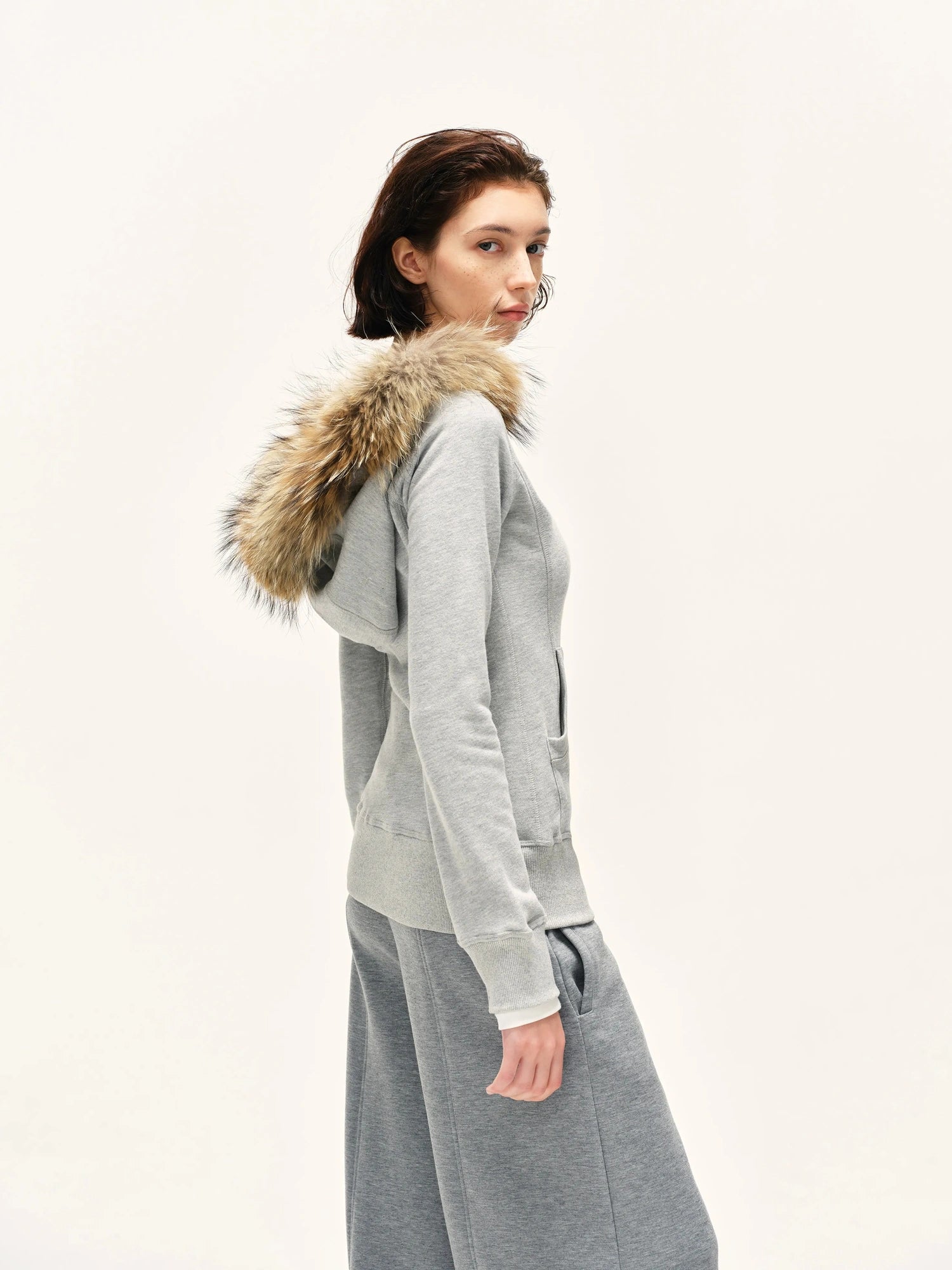 kvkv Detachable Fur Hooded Zip Up Sweatshirt