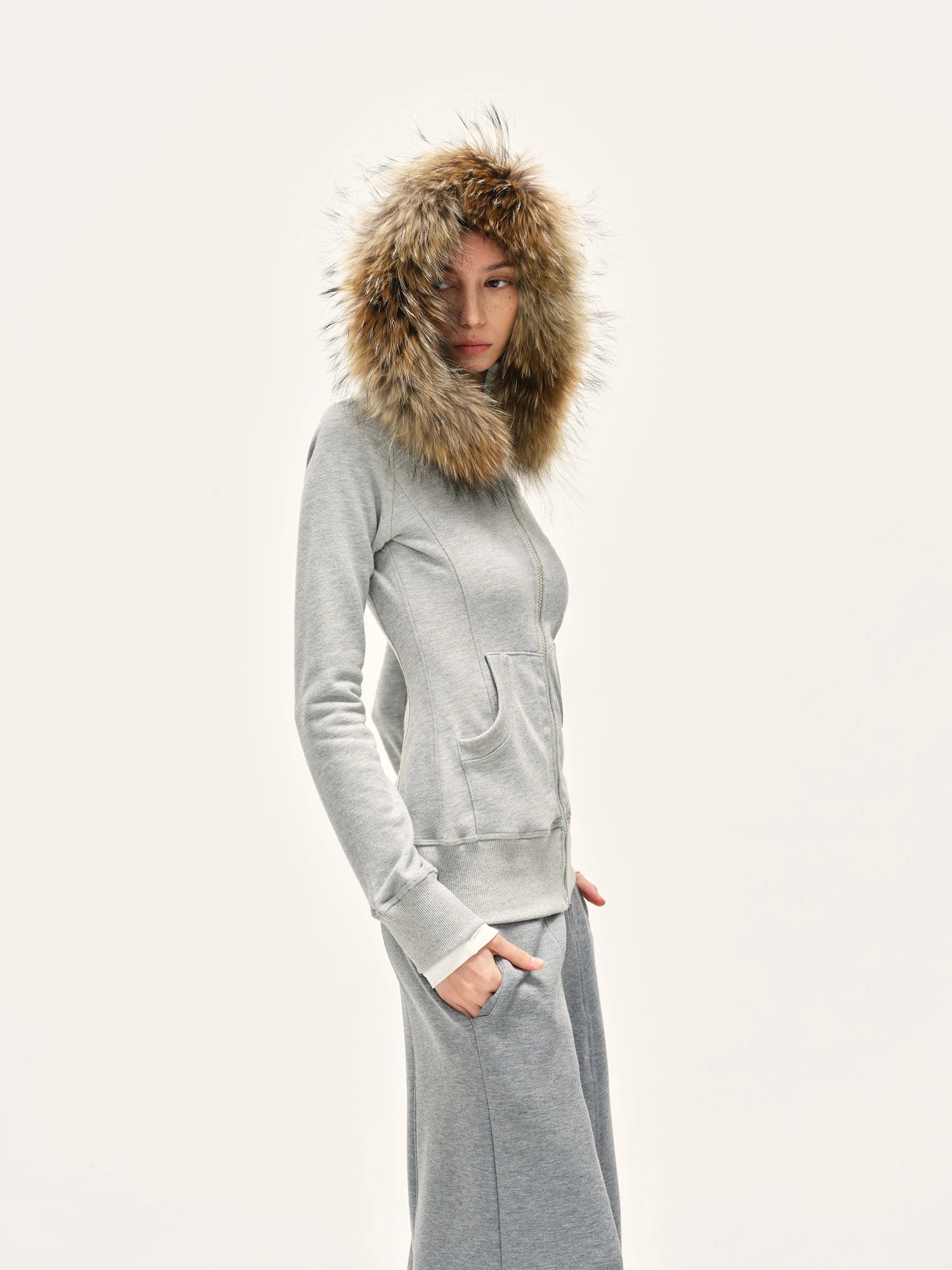 kvkv Detachable Fur Hooded Zip Up Sweatshirt