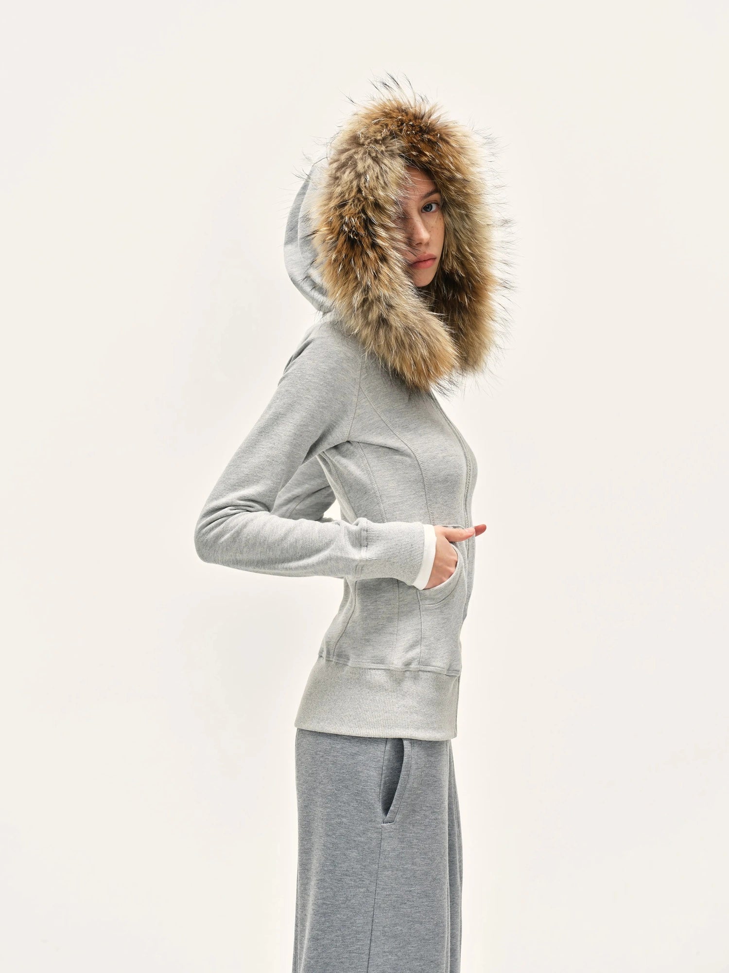 kvkv Detachable Fur Hooded Zip Up Sweatshirt