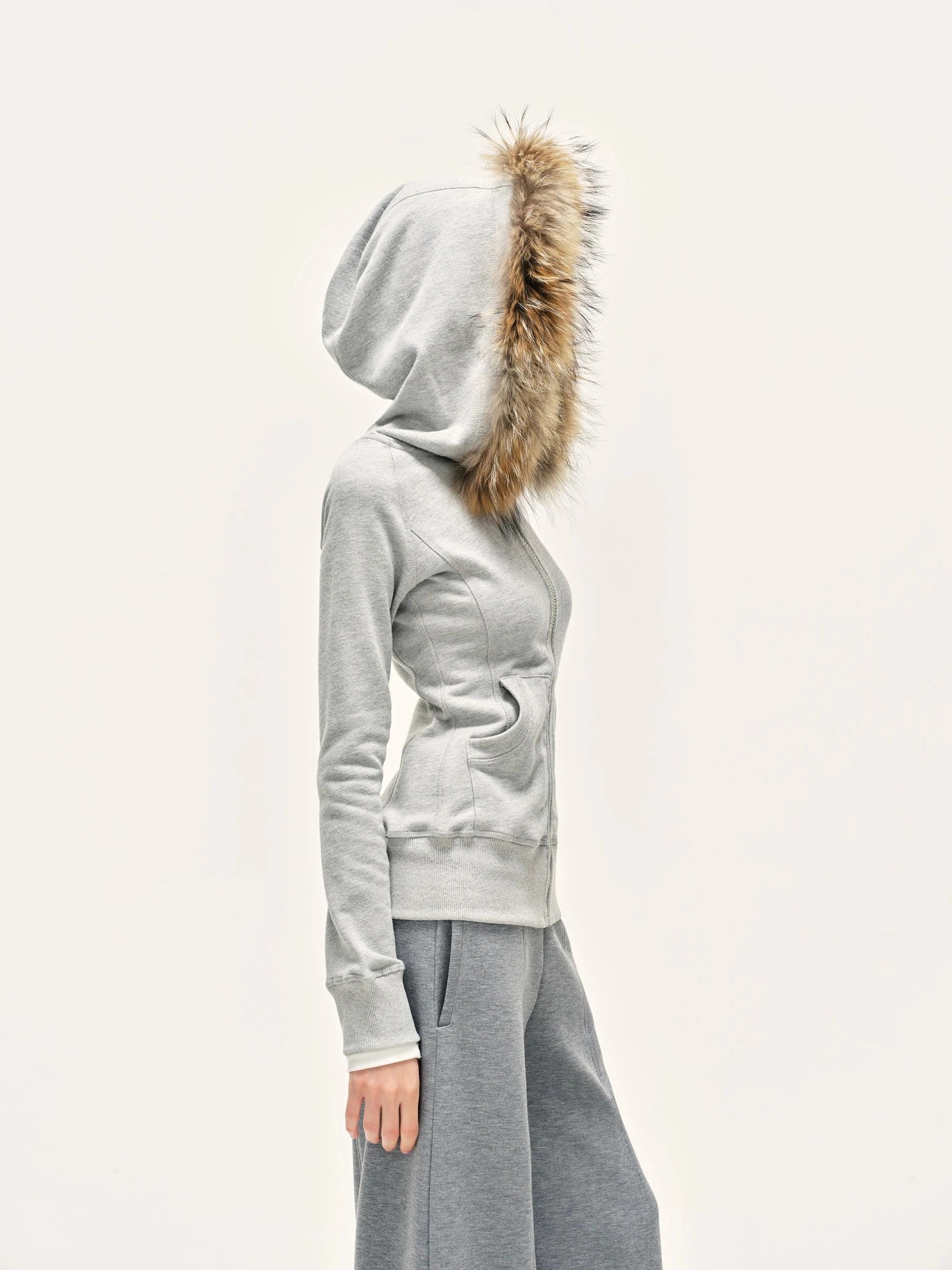 kvkv Detachable Fur Hooded Zip Up Sweatshirt