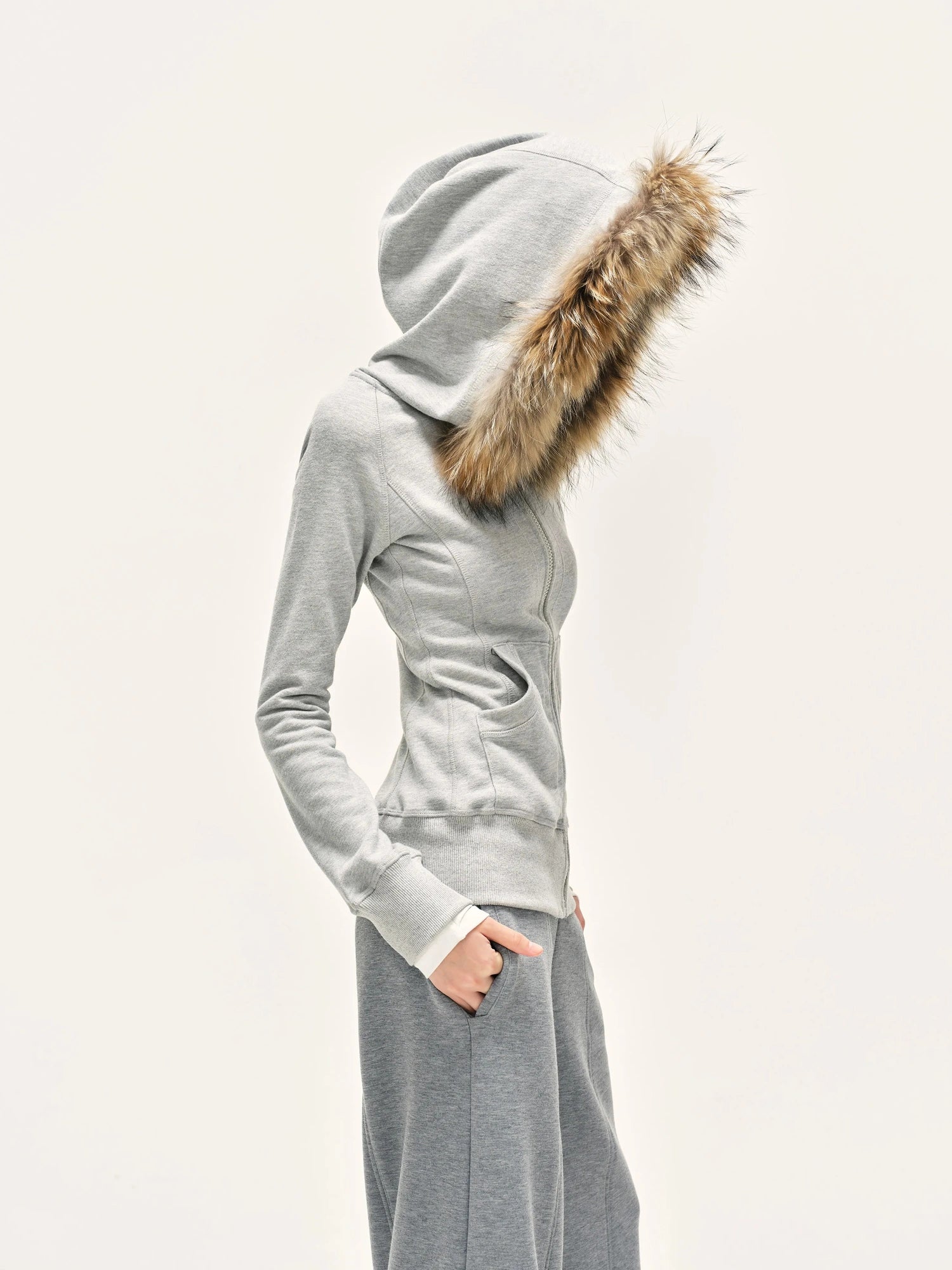 kvkv Detachable Fur Hooded Zip Up Sweatshirt