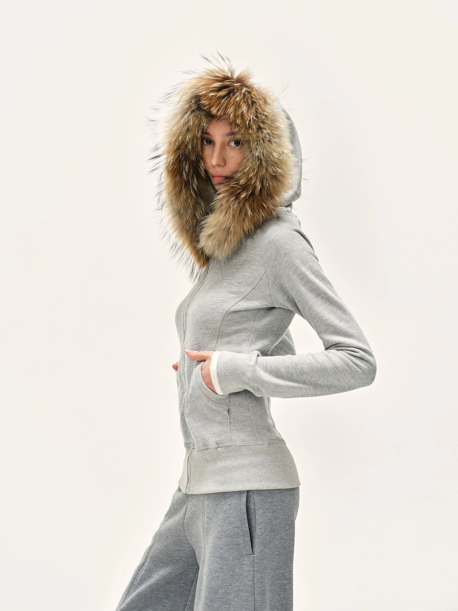 kvkv Detachable Fur Hooded Zip Up Sweatshirt