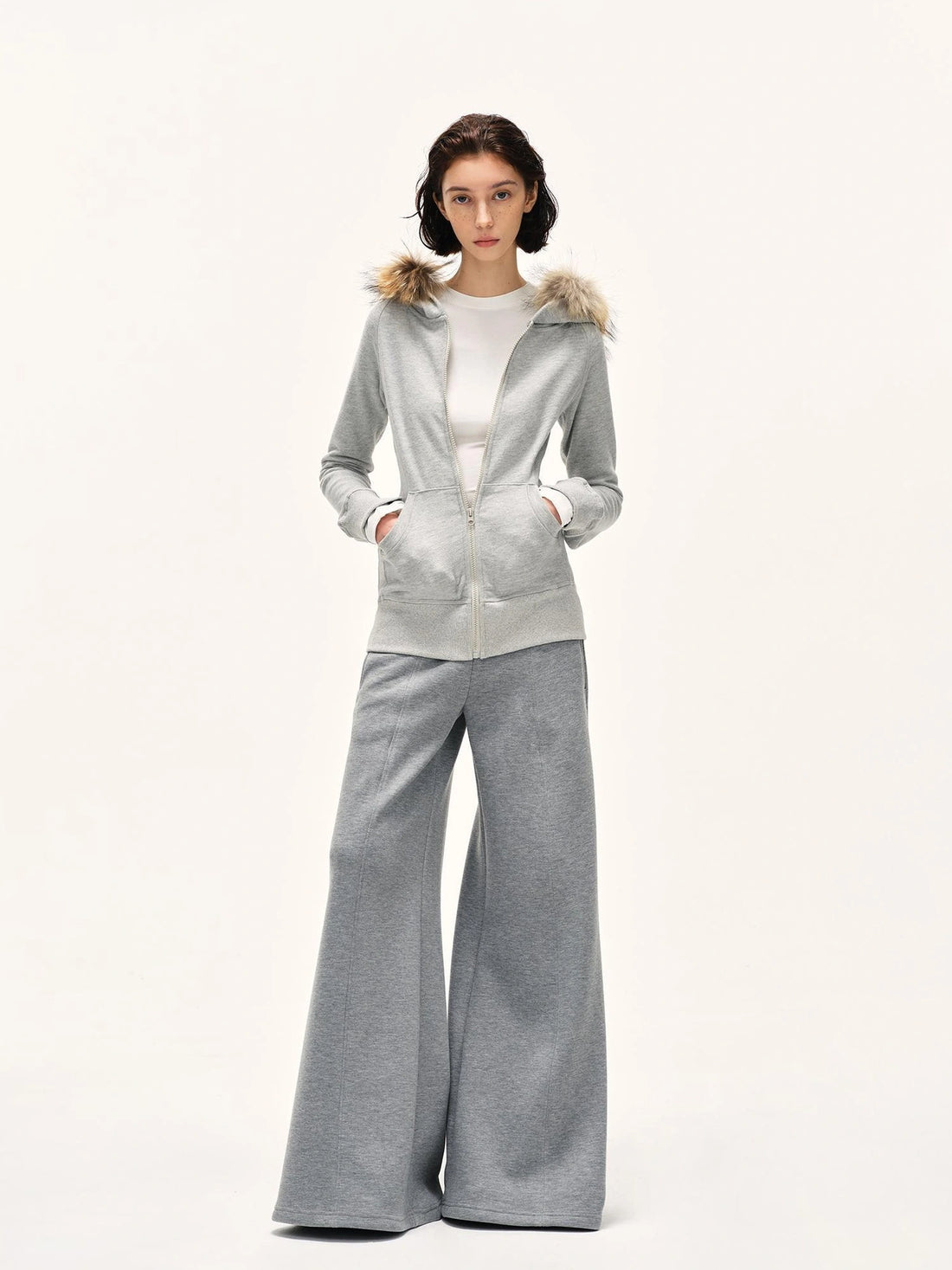 kvkv Detachable Fur Hooded Zip Up Sweatshirt