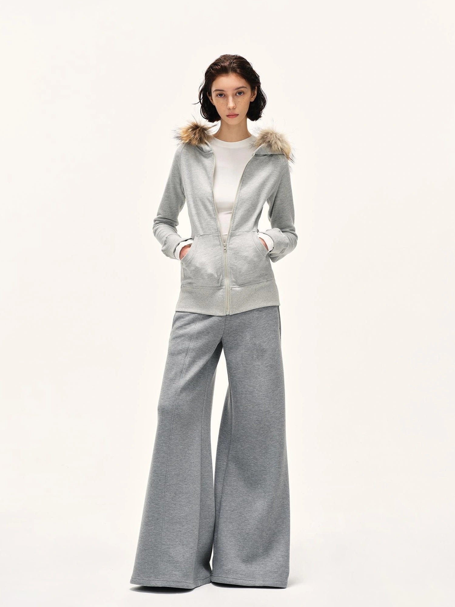 kvkv Detachable Fur Hooded Zip Up Sweatshirt