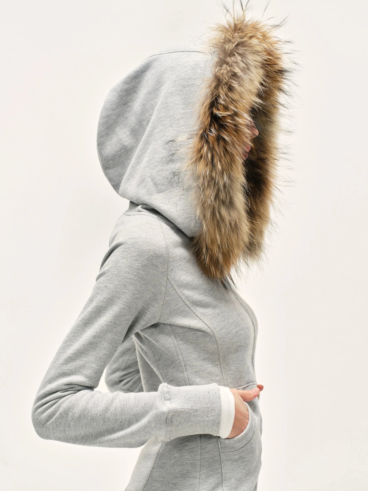 kvkv Detachable Fur Hooded Zip Up Sweatshirt