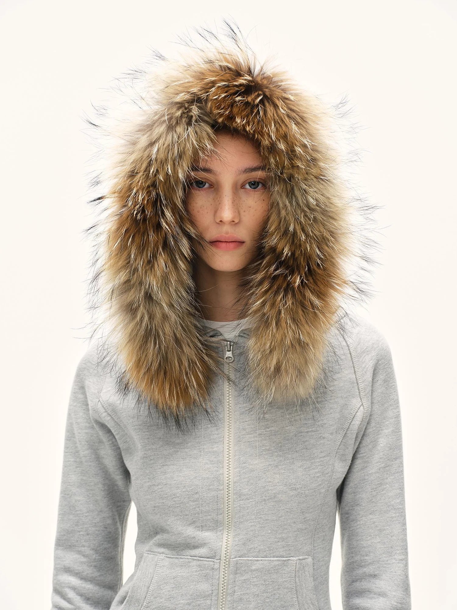 kvkv Detachable Fur Hooded Zip Up Sweatshirt