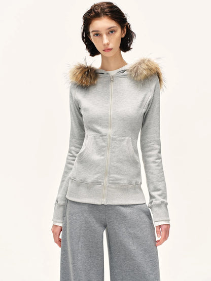 kvkv Detachable Fur Hooded Zip Up Sweatshirt