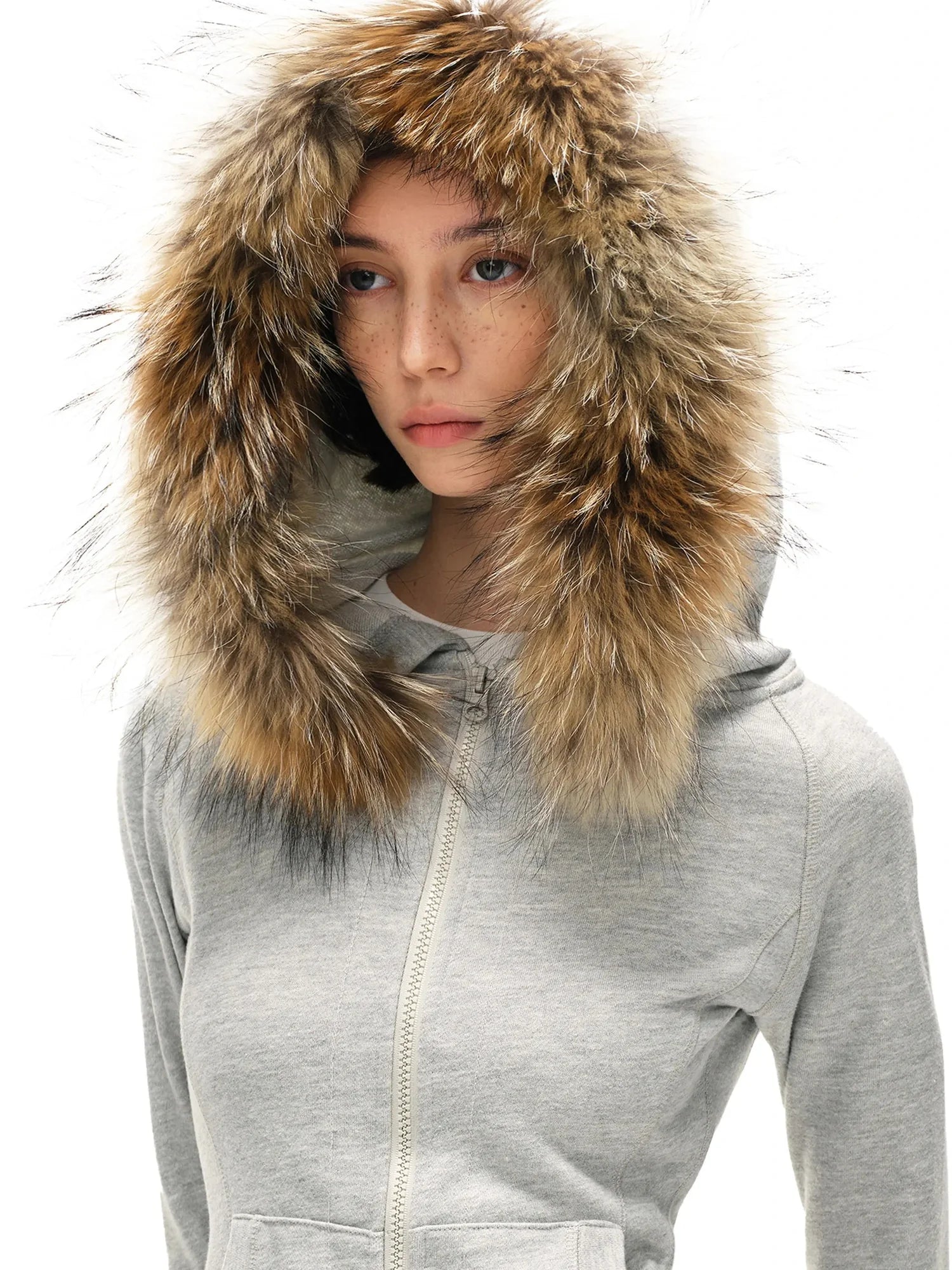kvkv Detachable Fur Hooded Zip Up Sweatshirt