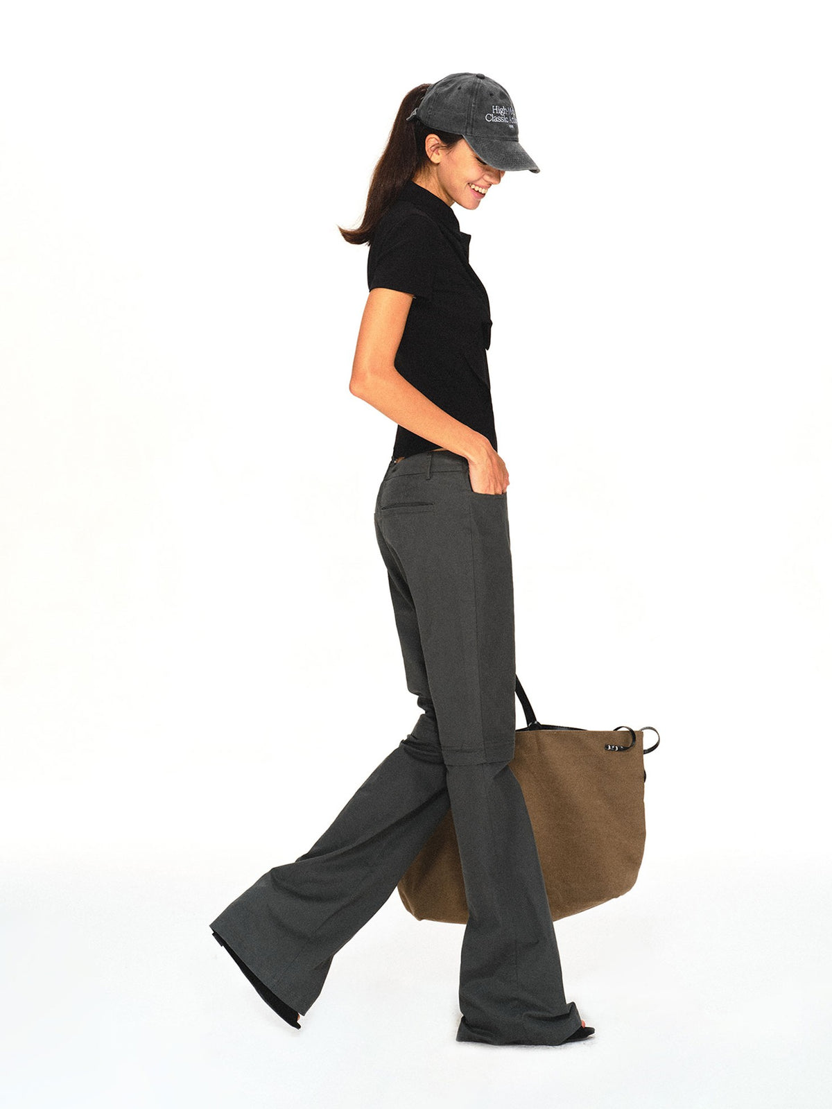 kvkv Detachable Leg Dark Gray Low Waist Washed Cotton Women&