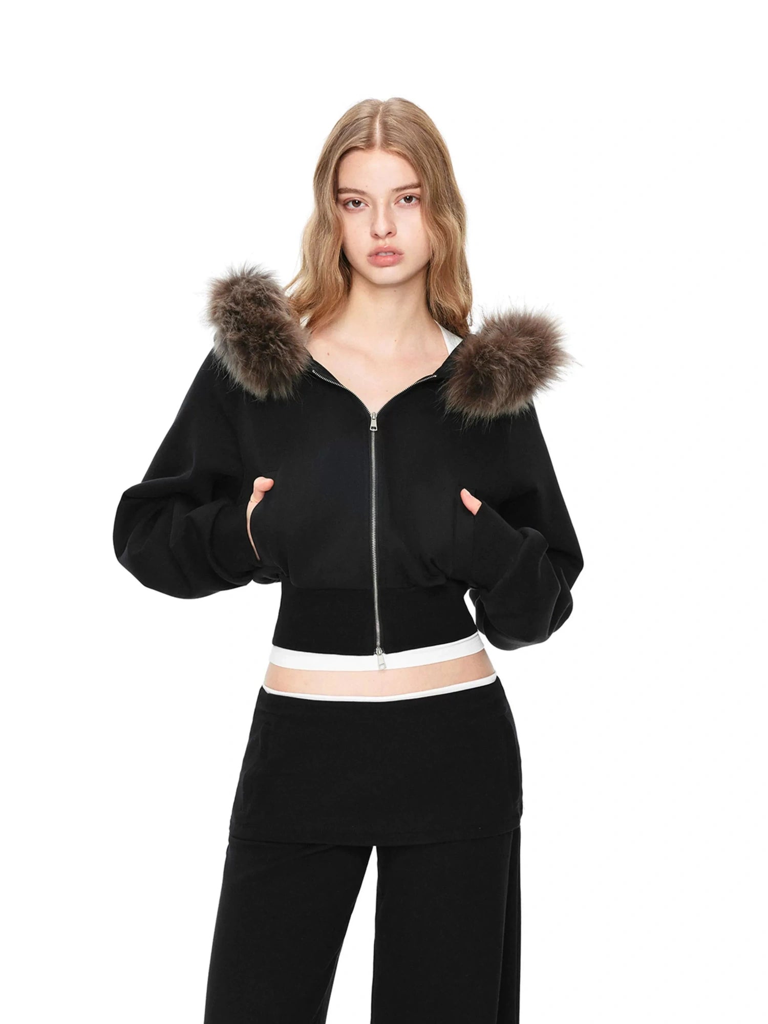 kvkv Detachable Raccoon Fur Hooded Crop Sweatshirt