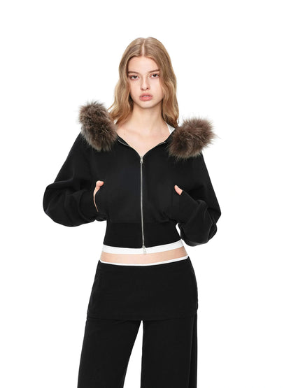 kvkv Detachable Raccoon Fur Hooded Crop Sweatshirt