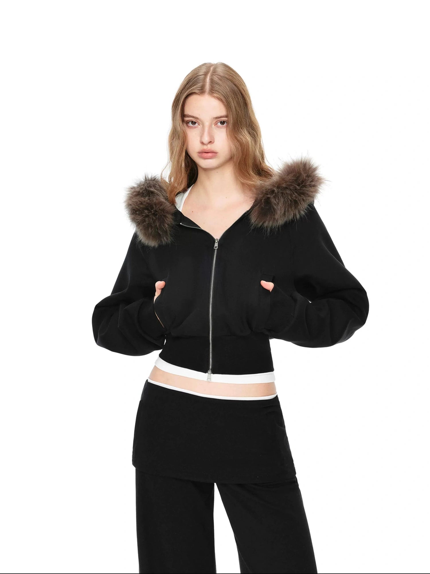 kvkv Detachable Raccoon Fur Hooded Crop Sweatshirt