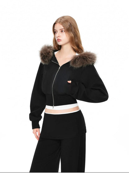 kvkv Detachable Raccoon Fur Hooded Crop Sweatshirt