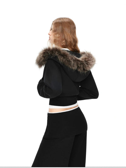 kvkv Detachable Raccoon Fur Hooded Crop Sweatshirt