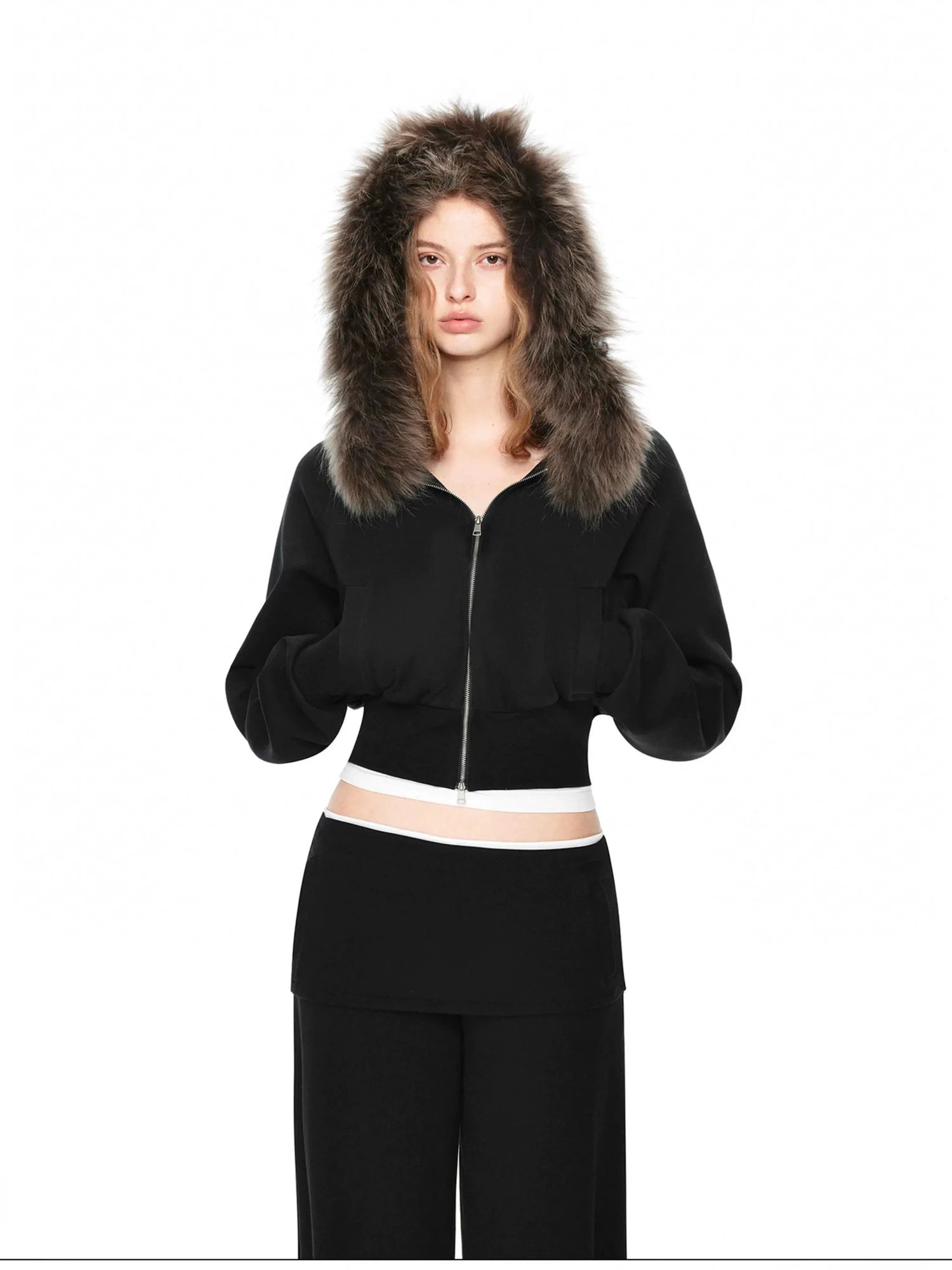 kvkv Detachable Raccoon Fur Hooded Crop Sweatshirt