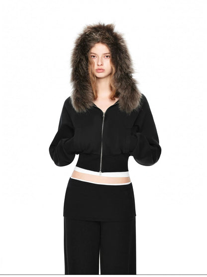 kvkv Detachable Raccoon Fur Hooded Crop Sweatshirt