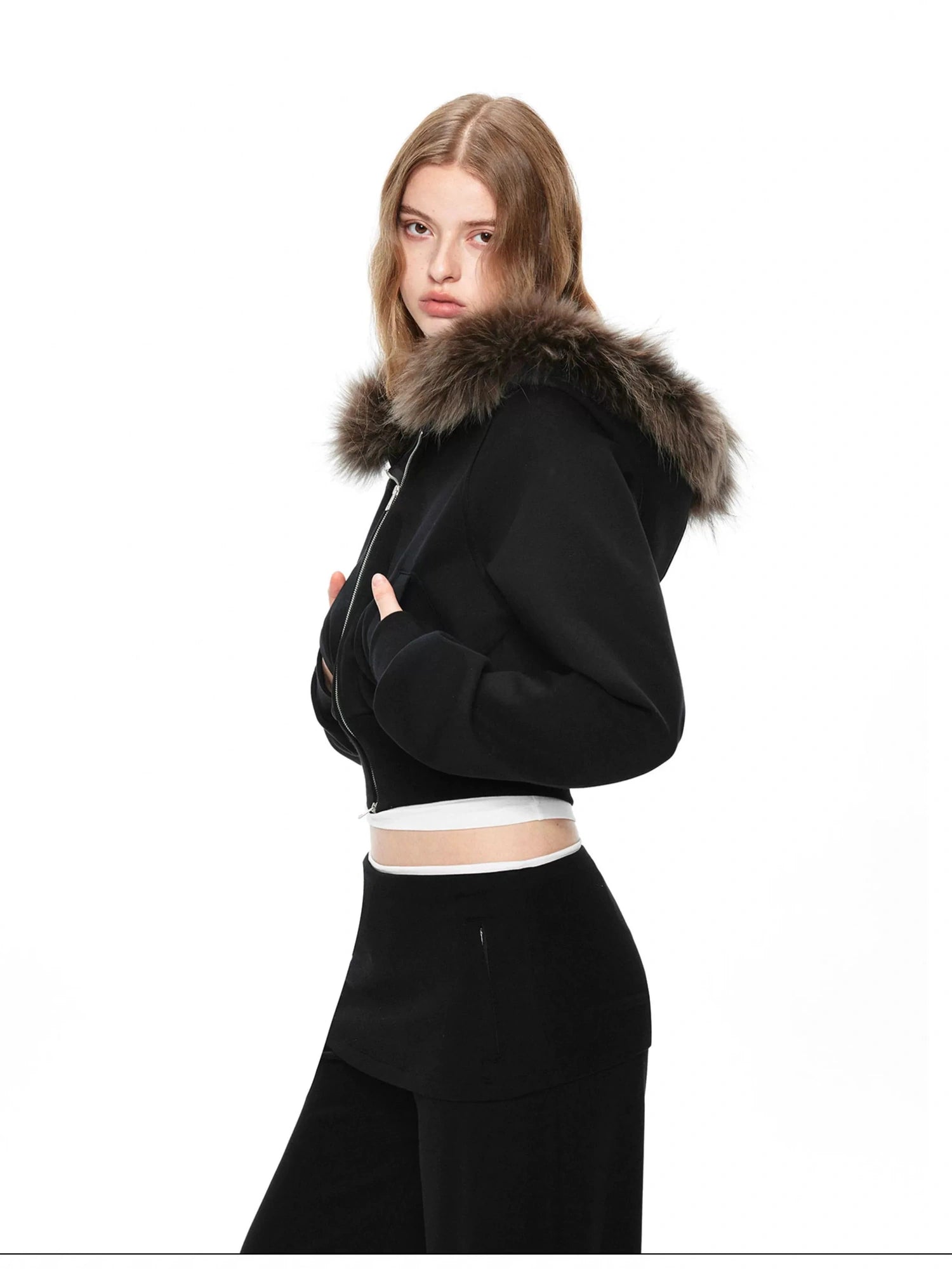 kvkv Detachable Raccoon Fur Hooded Crop Sweatshirt
