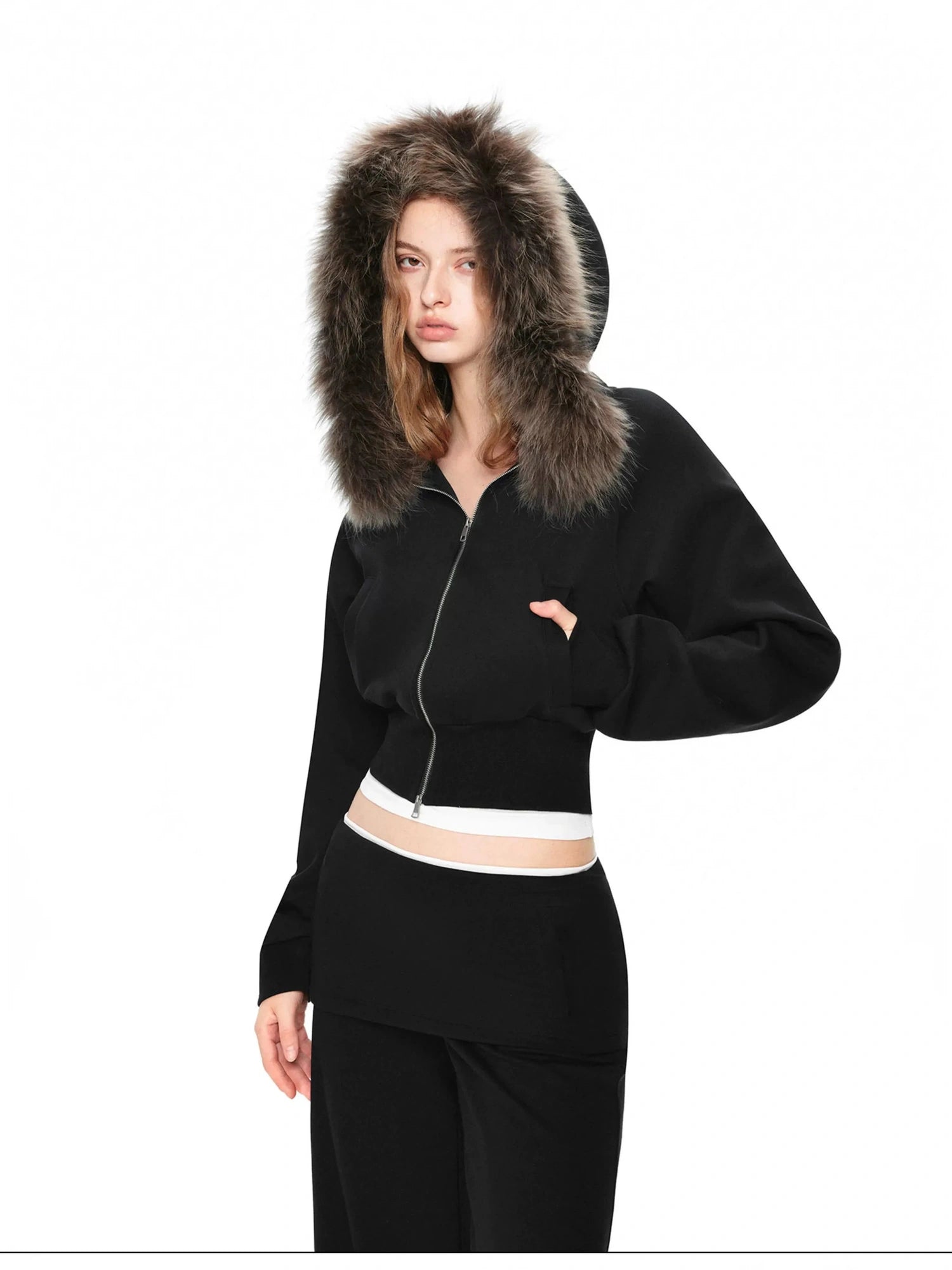 kvkv Detachable Raccoon Fur Hooded Crop Sweatshirt