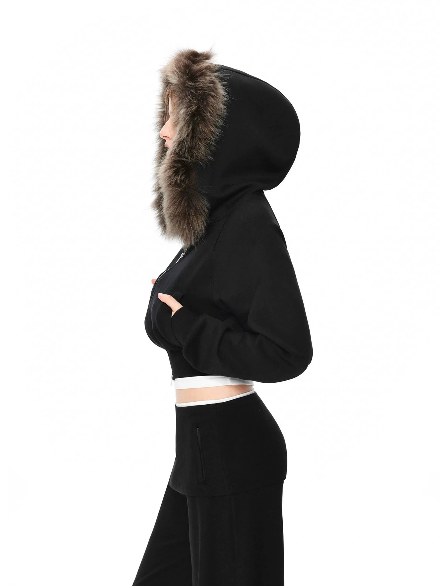 kvkv Detachable Raccoon Fur Hooded Crop Sweatshirt