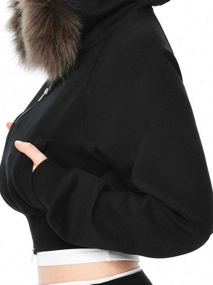 kvkv Detachable Raccoon Fur Hooded Crop Sweatshirt