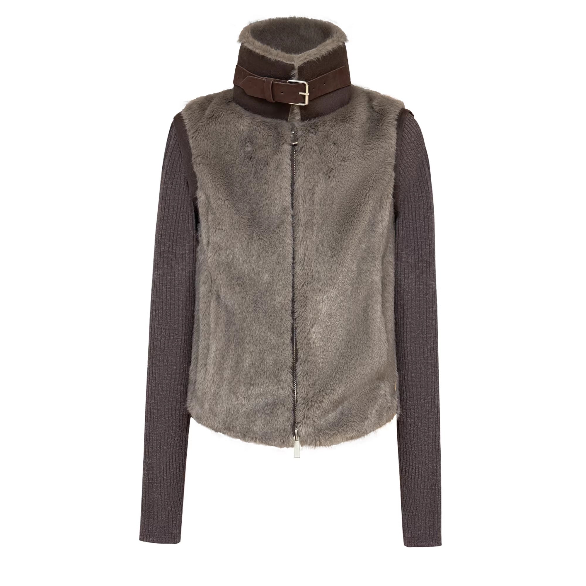 kvkv_Detachable_Short_Vintage_Stand_Collar_Zipper_Polyester_Womens_Dark_Brown_Jacket_MISSTT