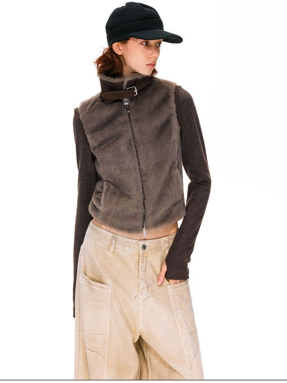 kvkv Detachable Short Vintage Stand Collar Zipper Polyester Womens Dark Brown Jacket