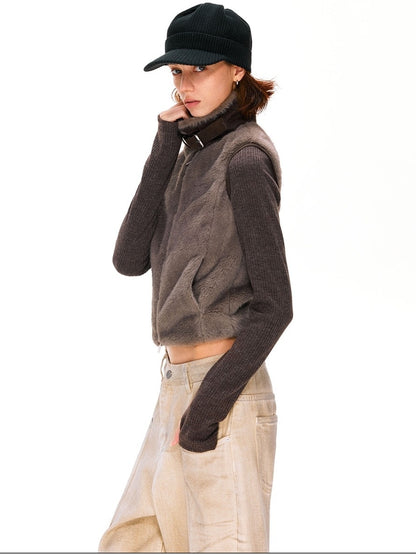 kvkv Detachable Short Vintage Stand Collar Zipper Polyester Womens Dark Brown Jacket