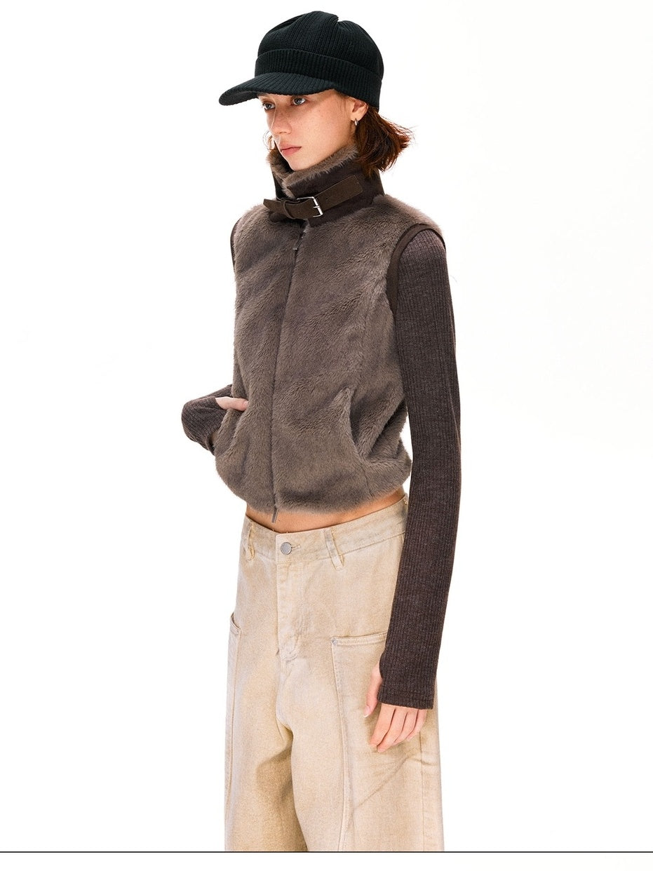 kvkv Detachable Short Vintage Stand Collar Zipper Polyester Womens Dark Brown Jacket