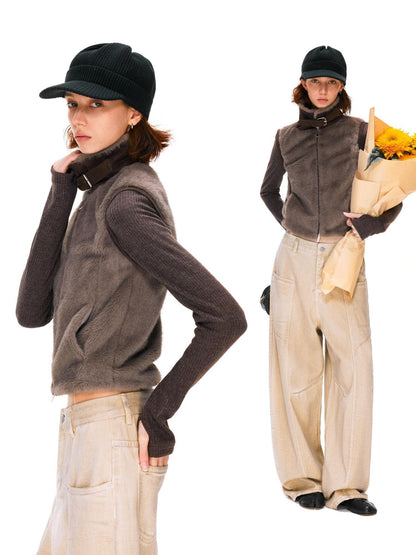 kvkv Detachable Short Vintage Stand Collar Zipper Polyester Womens Dark Brown Jacket