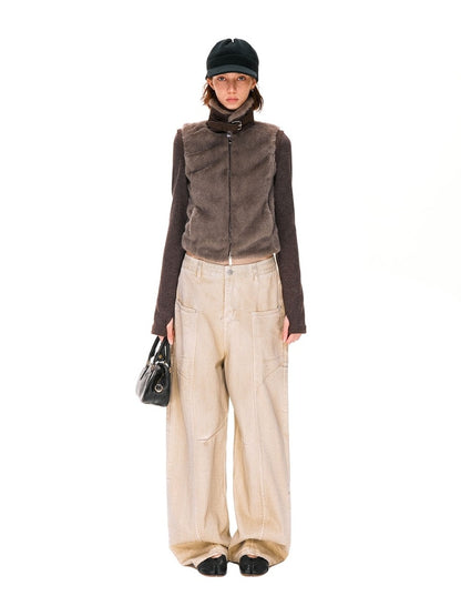 kvkv Detachable Short Vintage Stand Collar Zipper Polyester Womens Dark Brown Jacket