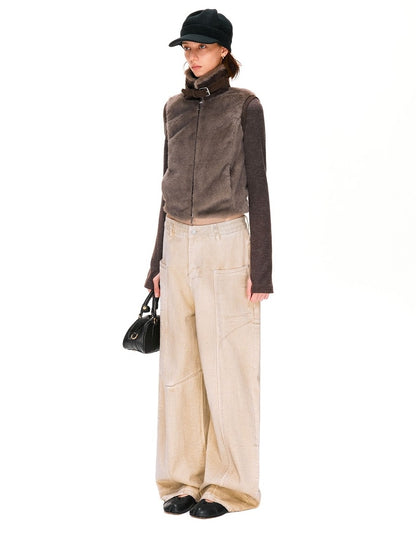 kvkv Detachable Short Vintage Stand Collar Zipper Polyester Womens Dark Brown Jacket