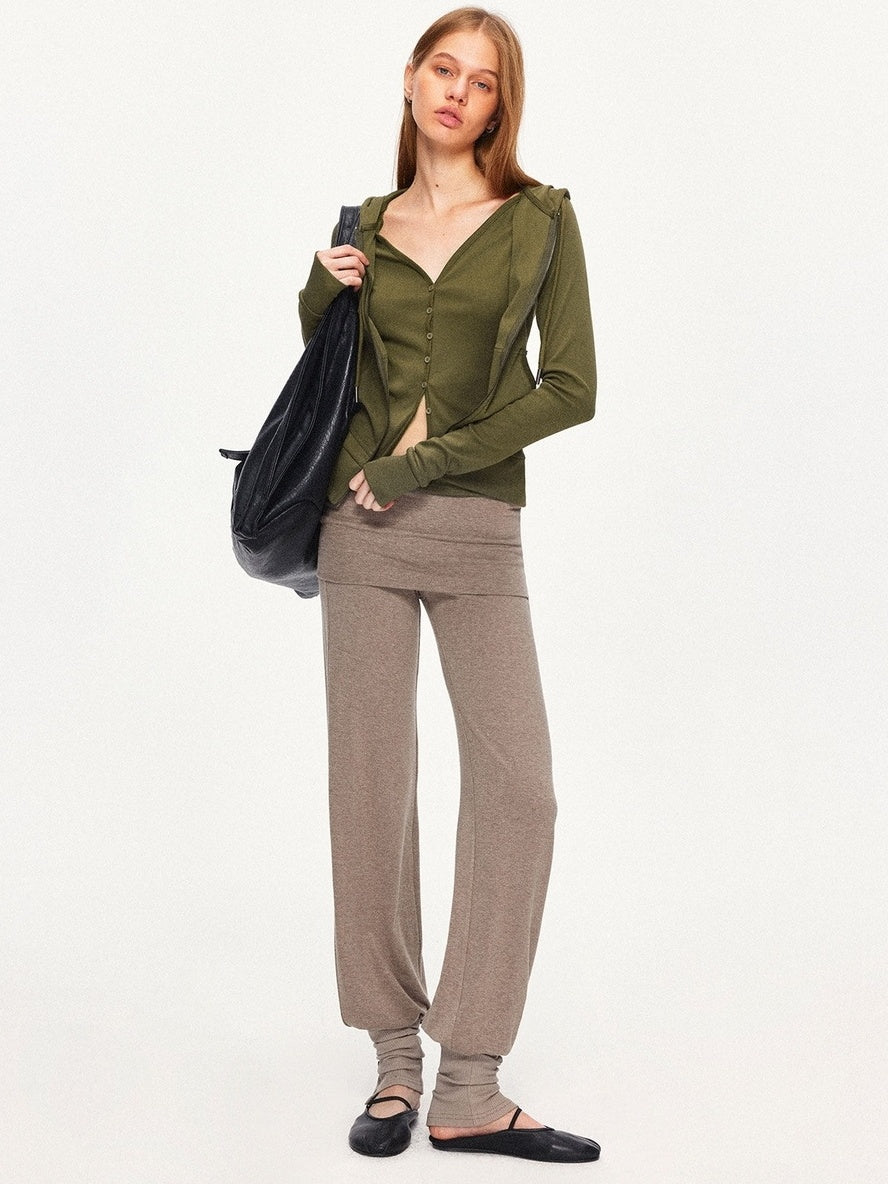 kvkv Detachable Sporty Straight Leg Foldover Waist Women Cotton Blend Wheat Pants