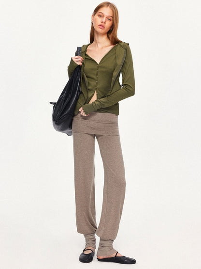 kvkv Detachable Sporty Straight Leg Foldover Waist Women Cotton Blend Wheat Pants