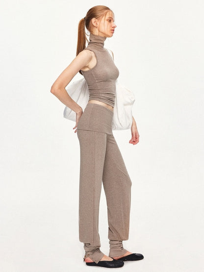 kvkv Detachable Sporty Straight Leg Foldover Waist Women Cotton Blend Wheat Pants