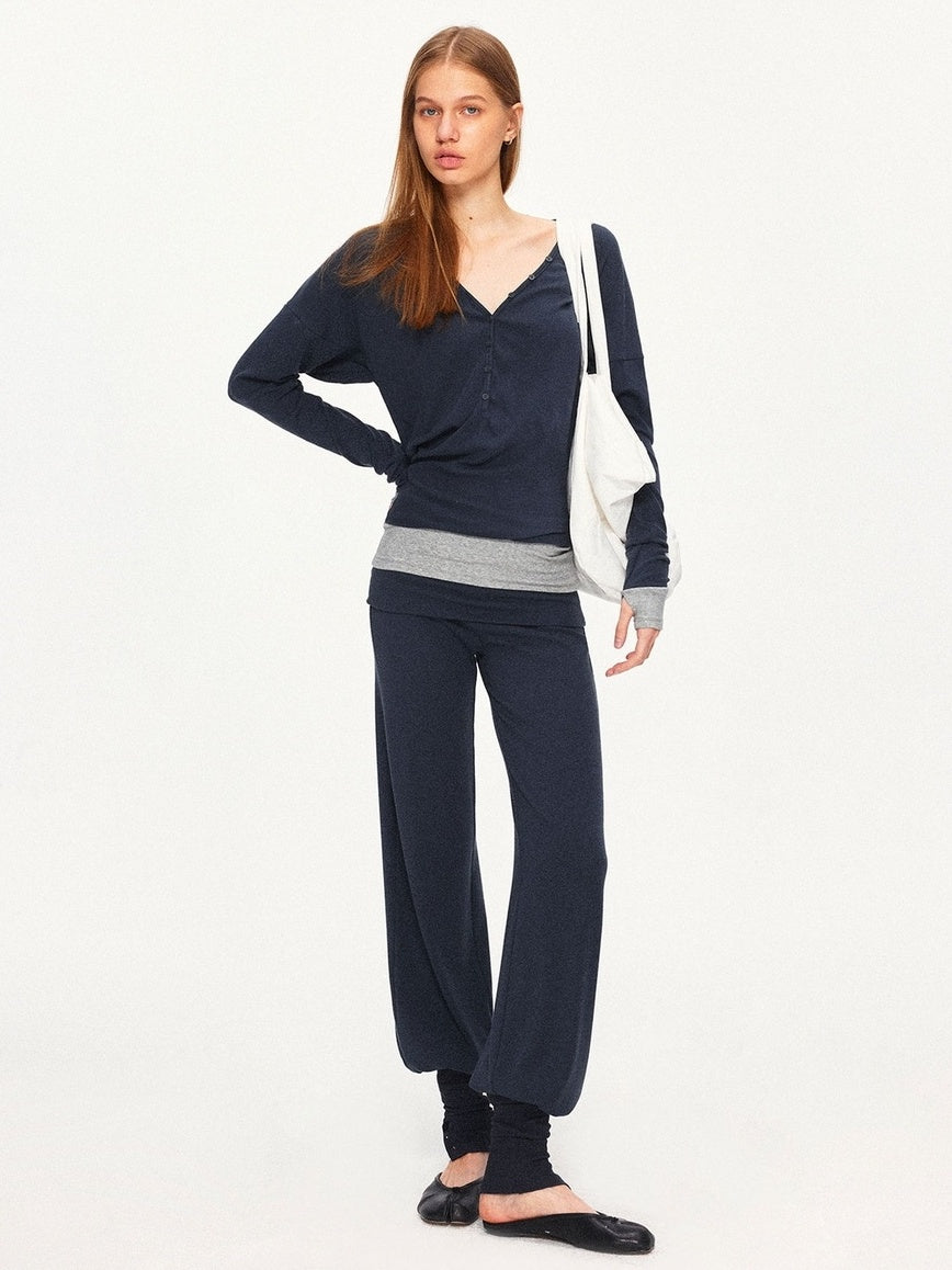 kvkv Detachable Sporty Tapered Jogger Foldover Waist Women Viscose Cotton Navy Pants
