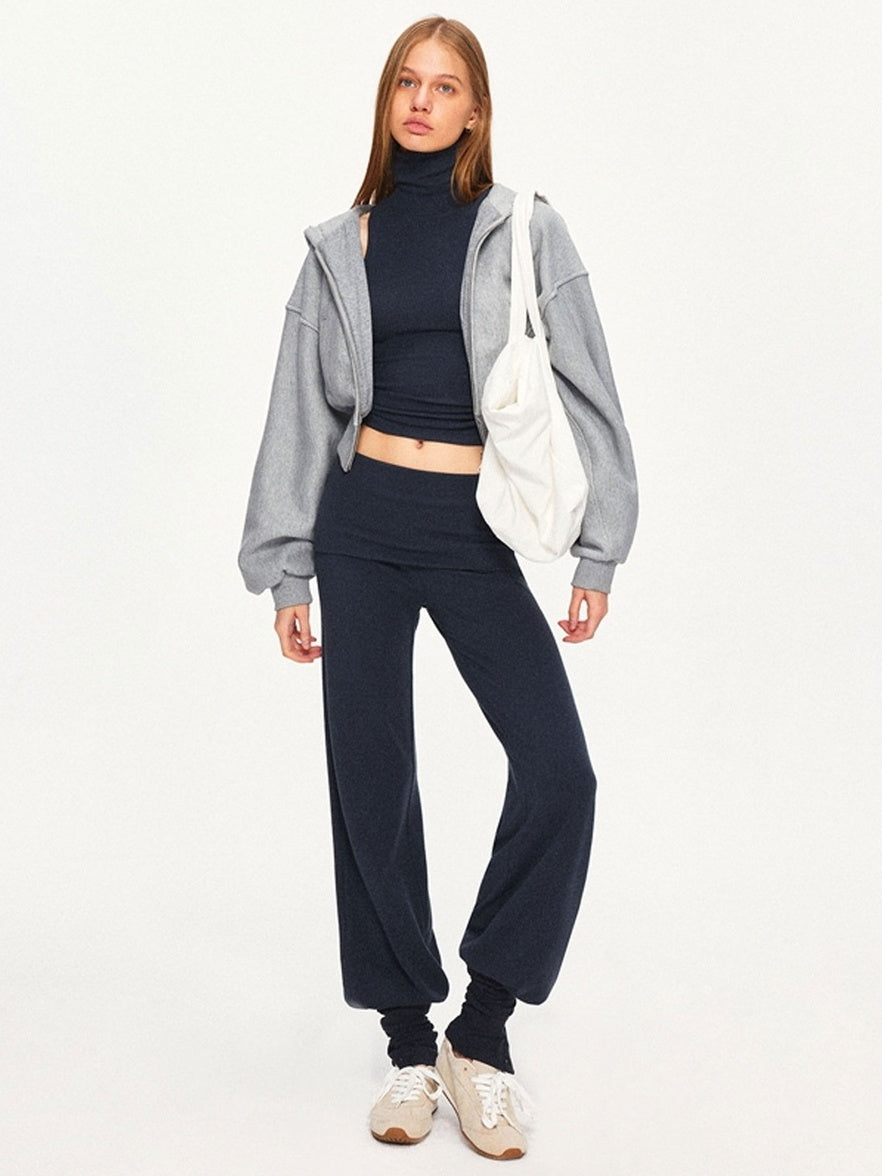 kvkv Detachable Sporty Tapered Jogger Foldover Waist Women Viscose Cotton Navy Pants