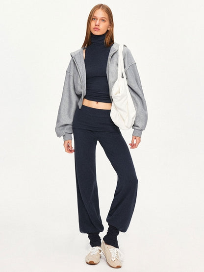 kvkv Detachable Sporty Tapered Jogger Foldover Waist Women Viscose Cotton Navy Pants