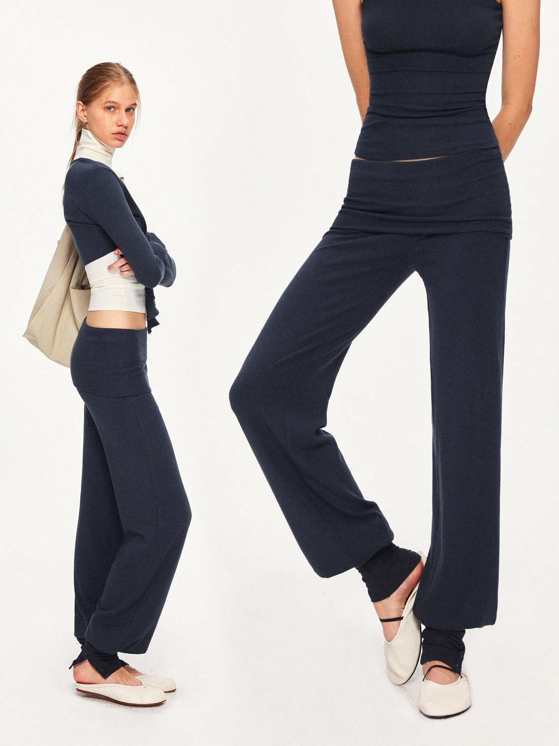 kvkv Detachable Sporty Tapered Jogger Foldover Waist Women Viscose Cotton Navy Pants
