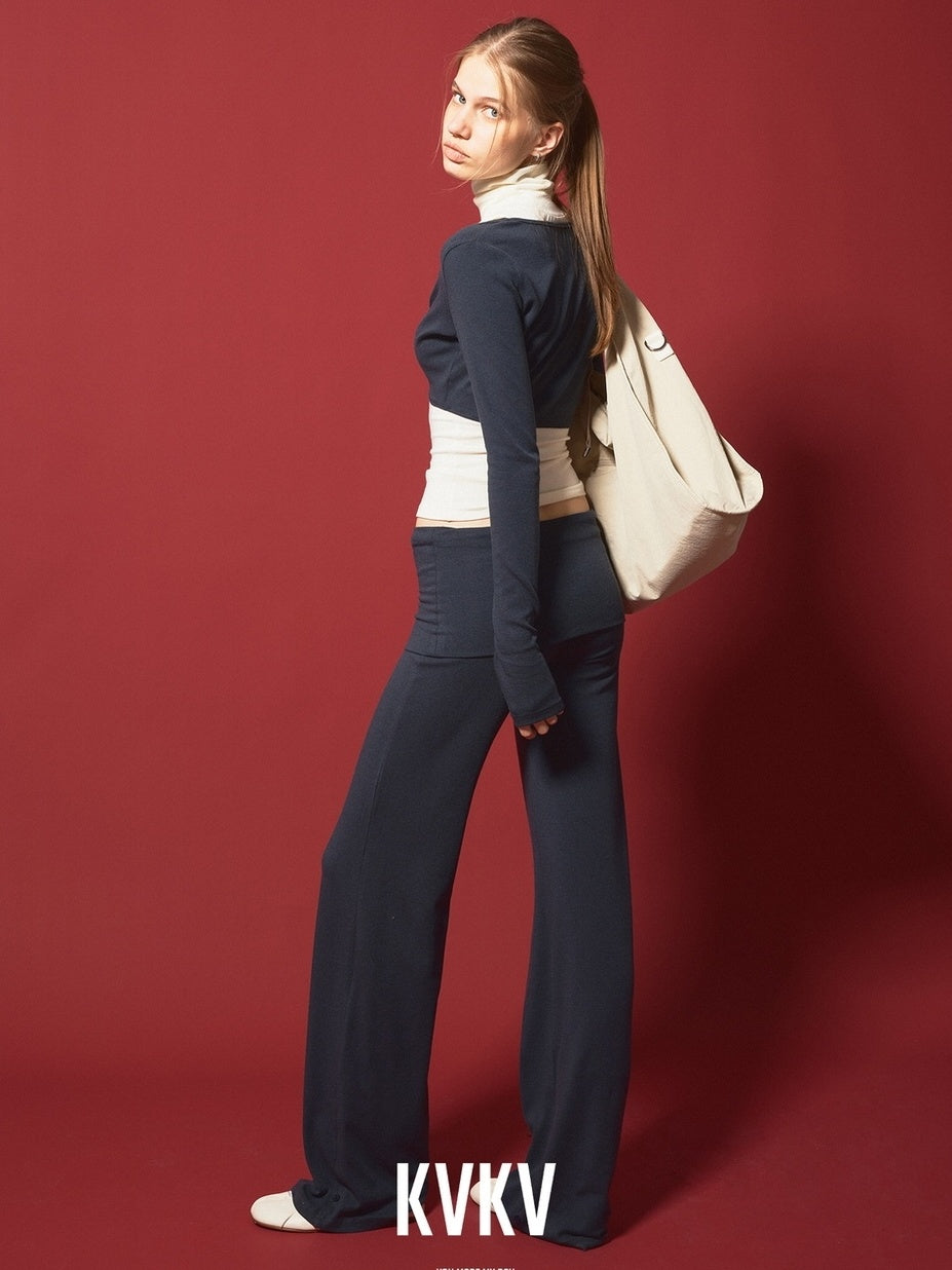 kvkv Detachable Sporty Tapered Jogger Foldover Waist Women Viscose Cotton Navy Pants