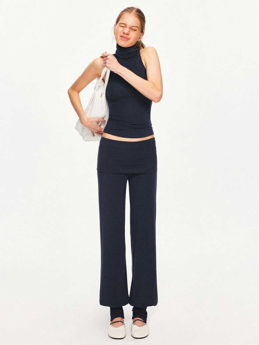 kvkv Detachable Sporty Tapered Jogger Foldover Waist Women Viscose Cotton Navy Pants