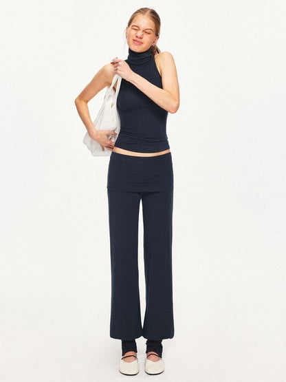 kvkv Detachable Sporty Tapered Jogger Foldover Waist Women Viscose Cotton Navy Pants
