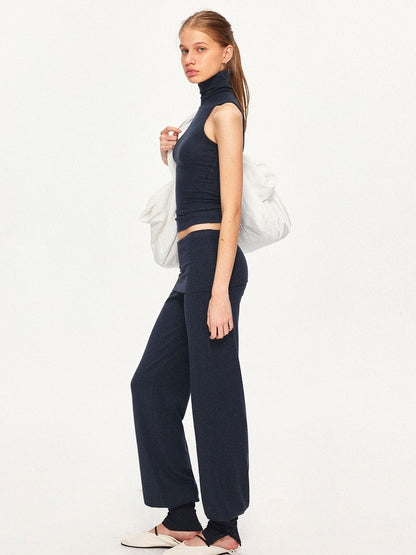 kvkv Detachable Sporty Tapered Jogger Foldover Waist Women Viscose Cotton Navy Pants