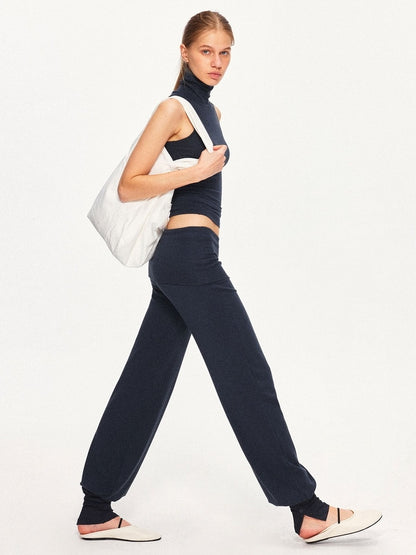 kvkv Detachable Sporty Tapered Jogger Foldover Waist Women Viscose Cotton Navy Pants