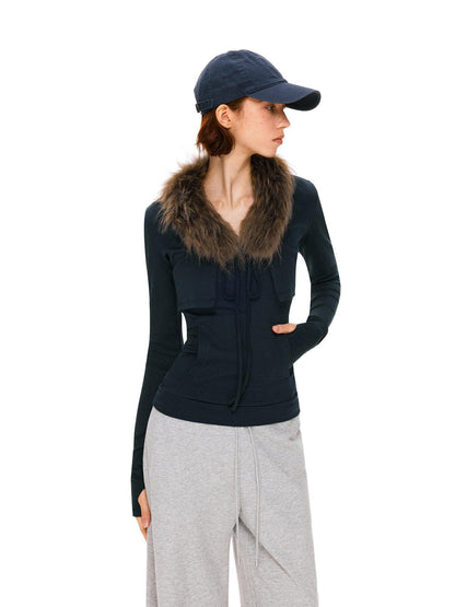 kvkv Detachable Zip Short Slim Fit Casual Womens Navy Cotton Blend Jacket