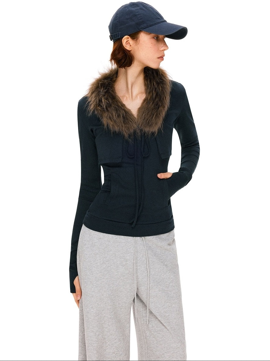 kvkv Detachable Zip Short Slim Fit Casual Womens Navy Cotton Blend Jacket