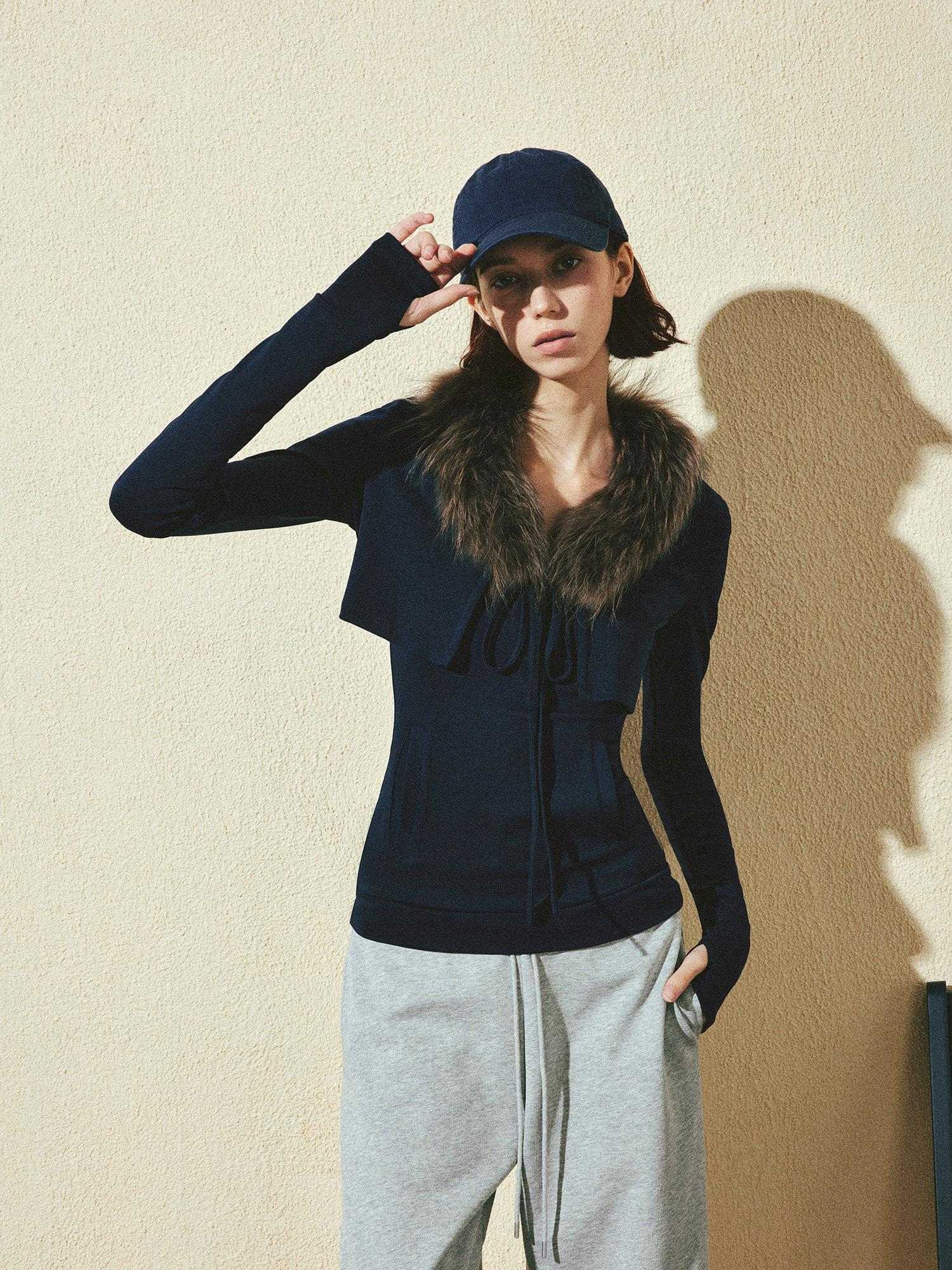 kvkv Detachable Zip Short Slim Fit Casual Womens Navy Cotton Blend Jacket